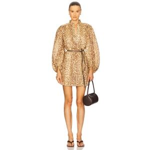 Zimmermann Cascadian Linen Tunic Dress Tan Leopard size 4